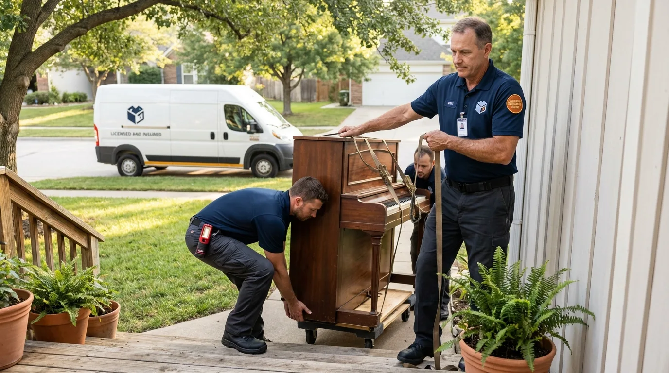 Licensed piano movers securing grand piano in Millis, MA