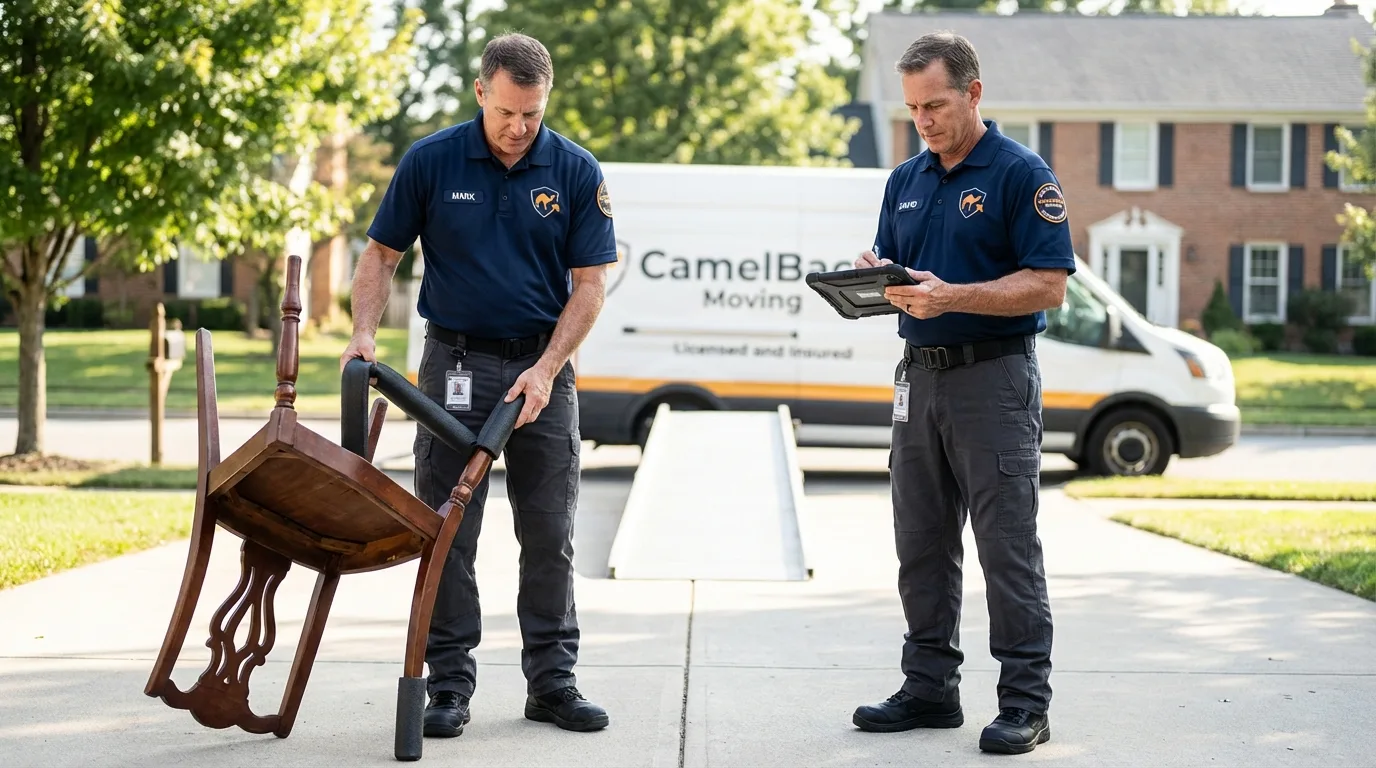 Movers inspecting furniture for damage prevention before loading in Millis, MA