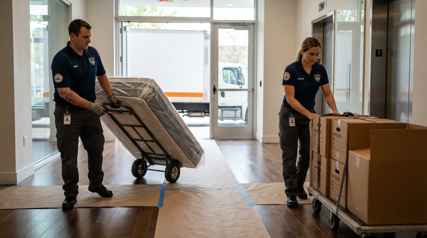 Professional apartment movers loading elevator in Millis, MA